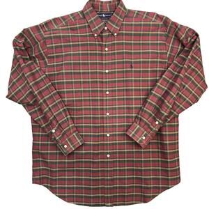 Polo button-down long sleeve 100% cotton Plaid Red Green Tan Men’s Large